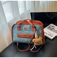 Blue denim and brown leather patchwork tote bag with cute plush bear pendant accessory - With Pendant / Brown