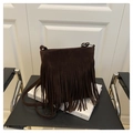 Retro dark brown suede shoulder bag featuring long fringe trim and a boho chic style - Coffee