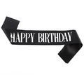 Close-up of black satin birthday sash with metallic silver Happy Birthday lettering - One Size / Black Silver
