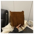 Brown faux suede crossbody bag with vintage tassels and long shoulder strap - Brown