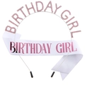 Birthday Girl pink rhinestone crown headband and white satin sash party accessories set - White Glitter Pink Set