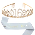 Detail of light blue Sweet 16 sash with gold lettering and sparkling rhinestone crown - Gold + White Glitter Fabric Gold Text