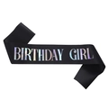 Pink and purple BIRTHDAY GIRL sash with holographic lettering on black satin fabric - Black And Holographic Style (JD046)