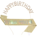 Set compleanno dorato con cerchietto strass e fascia Birthday Princess donna - Taglia unica / Oro Iridescente