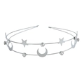 Detailed macro view of double-layered silver metal headband with stars and crystals - Moon Silver Style (FG146) / Silver