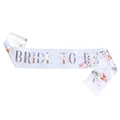 Detail of white satin Bride To Be sash featuring laser lettering and floral patterns - One Size / AB Color