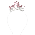 Silver metal headband with pink and clear rhinestones spelling BIRTHDAY PRINCESS - Silver-Rose Red Rhinestone