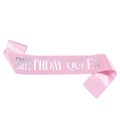 Close-up of pink satin birthday queen sash with shiny silver lettering for party events - Pink Silver Letter (JD054)