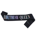 Elegant black satin Birthday Queen sash with holographic rainbow lettering for parties - Black Holographic Letter (JD054)