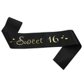 Elegante banda de satén negro Sweet 16 con letras doradas para fiesta de cumpleaños - Satén Negro