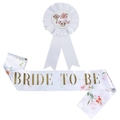 White Bride to Be satin sash and badge set with pink floral designs for wedding parties - One Size / Gold