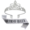 Silberne Happy Birthday Krone mit Strass und glitzernde Birthday Queen Schärpe Set - Königin Stil / Silber