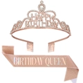 Rosegold Happy Birthday Strass Krone und Birthday Queen Glitzer Schärpe Set für Party - Königin Stil (Holografisch) / Roségold