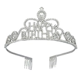 Silver crystal Happy Birthday tiara crown with rhinestones and side hair combs for party - Silver
