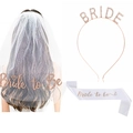 Set sposa con velo bianco a doppio strato, cerchietto di strass e fascia in raso bianco - Set Cerchietto, Fascia E Velo Oro Rosa
