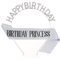 Set compleanno con cerchietto di strass e fascia argento glitterata per principessa - Argento con Testo Nero