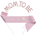 Vue détaillée de l'écharpe rose pailletée Mom to Be et du serre-tête en strass - Rose (Ensemble 2 Pièces MOM TO BE)