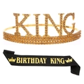 Détail de l'ensemble Birthday King avec couronne dorée strass et écharpe en satin - Couronne Or Cristal + Écharpe Noire
