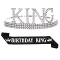 Ensemble couronne KING en strass argentés et écharpe Birthday King noire pour hommes - Couronne Argentée + Écharpe Noire