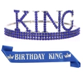 Détails de l'écharpe Birthday King bleu roi et de la couronne en cristal argenté - Couronne Bleu Royal + Écharpe Bleue