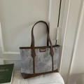 Vintage gray canvas tote bag with brown leather trim and large capacity interior - Gray