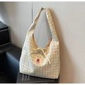 Yellow and blue plaid tote bag with handmade tomato patch and drawstring closure - Off White