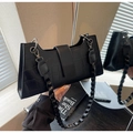 Chic black crocodile texture shoulder bag with stylish thick braided chain strap - Black