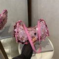 Pink sequin crescent shoulder bag with reflective round sequins and leather strap for women - Pink