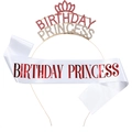 Birthday princess crown tiara and white satin sash set with pink rhinestones - One Size / Gold Headband and White Satin Sash with Red Letters