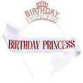 Birthday Princess set with pink rhinestone crown tiara and white satin sash accessory - One Size / Rose Gold Headband and White Satin Sash with Red Letters