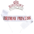 Birthday princess set with white satin sash and sparkling rhinestone tiara crown - One Size / Silver Headband and White Satin Sash with Red Letters