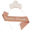 Rose gold birthday princess tiara and glitter sash set for girls party celebrations - One Size / Iridescent Rose Gold Style 2