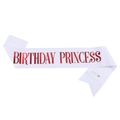 Écharpe pailletée blanche Birthday Princess avec lettrage rouge brillant et épingle - Style Tissu Pailleté / Blanc avec Lettres Rouges