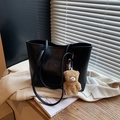 Black large capacity tote bag with lychee texture and cute plush bear charm accessory - Black With Pendant