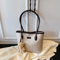 Large beige tote bag with brown trim and cute plush bear charm for daily commute - White With Pendant