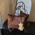 Brown faux leather tote bag with FASHION logo and cute bear pendant accessory - Brown with Pendant