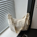 Japanese style cream white corduroy hobo bag for women with large capacity and woven knot detail - White