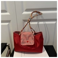 Rode nylon draagtas met rood-witte geruite flap en kleurrijk gevlochten handvat - Rode Geweven Handgreep Stijl (款式一)