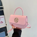 Pink patent leather crossbody mini bag with gold M logo and top handle for women - Pink