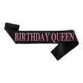 Birthday Queen sash in black satin fabric with elegant pink lettering for party - Black with Pink Text