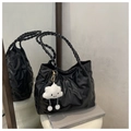 Macro shot of black pleated tote bag with woven handles and cute white cloud charm - Black (With Charm)