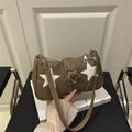 Borsa a spalla vintage marrone con motivo a stella bianca e fibbia in metallo a stella - Cachi
