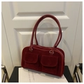 Bolso tote vintage de ante granate con bolsillos dobles delanteros y cremallera de plata - Rojo