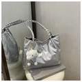 Silver tote bag with woven handle, striped texture, and cute plush cloud charm detail - Silver (With Pendant)