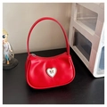 Red heart-shaped vegan leather shoulder bag with gold bow and crystal detail - Red