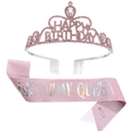 Pink rhinestone Happy Birthday crown with matching Birthday Queen glitter sash set - Queen Style / Pink