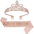 Rose gold birthday tiara and sash set with rhinestones and Birthday Princess text - Princess Style / Rose Gold