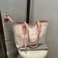 Borsa tote bianca con graffiti, manici rosa, stampe di cartoni e grande capacità interna - Rosa