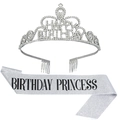 Silberne Geburtstagskrone mit Strass und Glitzerschärpe Birthday Princess Set - Prinzessin Stil (Schwarzer Text) / Silber