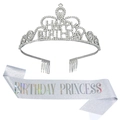 Set aus silberner Birthday Princess Schärpe und glitzernder Happy Birthday Krone - Prinzessin Stil (Holografisch) / Silber